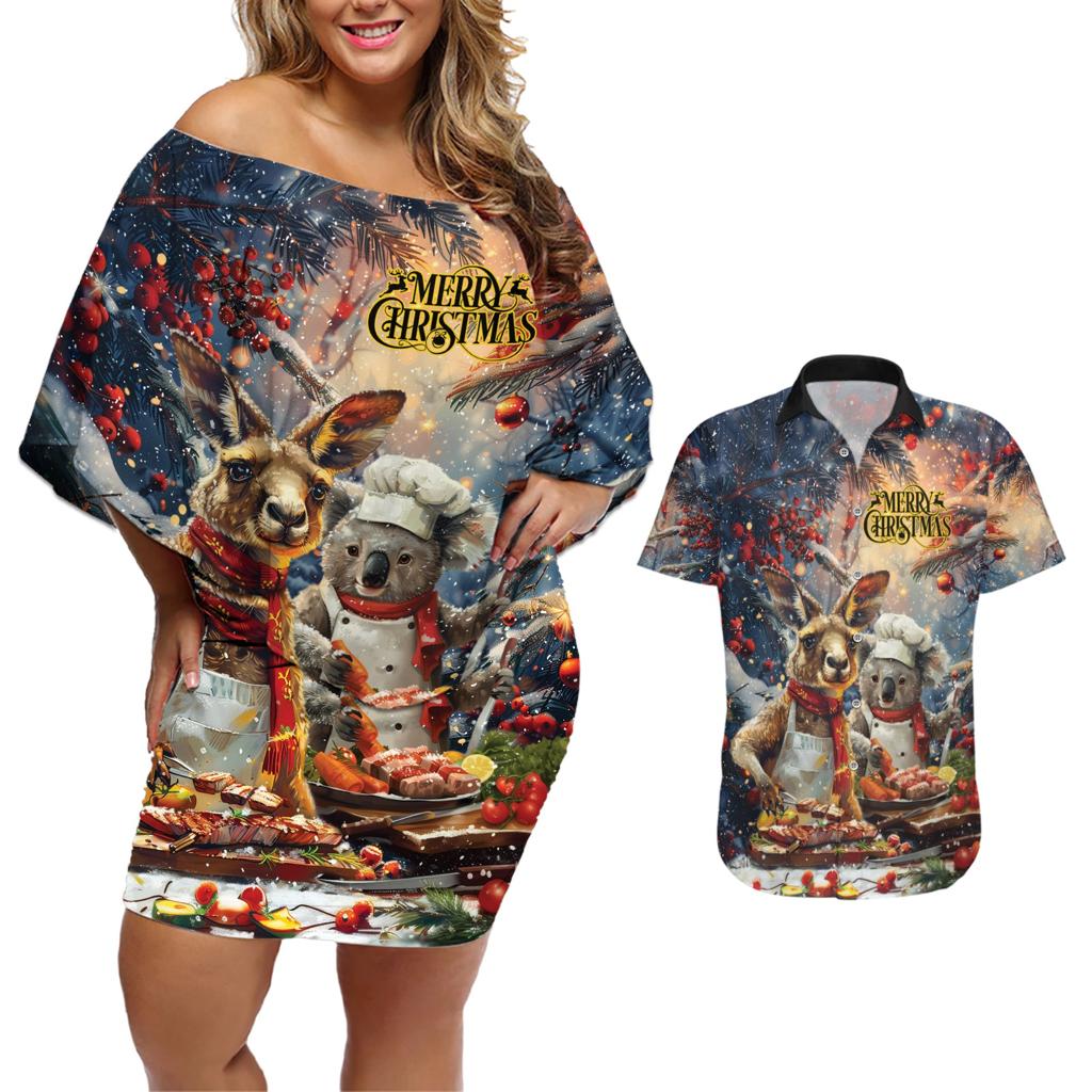Personalised Aussie Christmas Kangaroo and Koala Couples Matching Off Shoulder Short Dress and Hawaiian Shirt