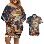 Personalised Aussie Christmas Kangaroo and Koala Couples Matching Off Shoulder Short Dress and Hawaiian Shirt