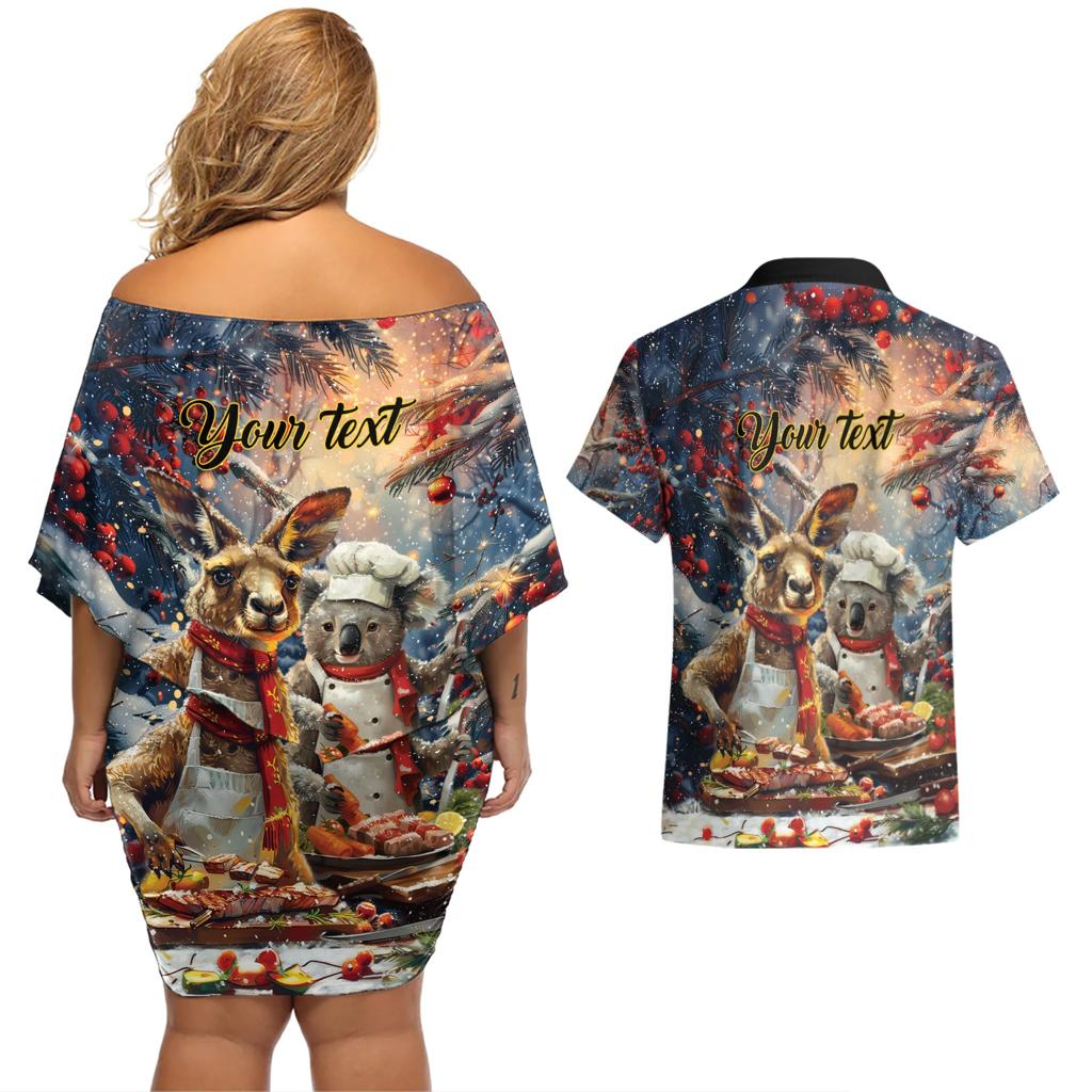 Personalised Aussie Christmas Kangaroo and Koala Couples Matching Off Shoulder Short Dress and Hawaiian Shirt