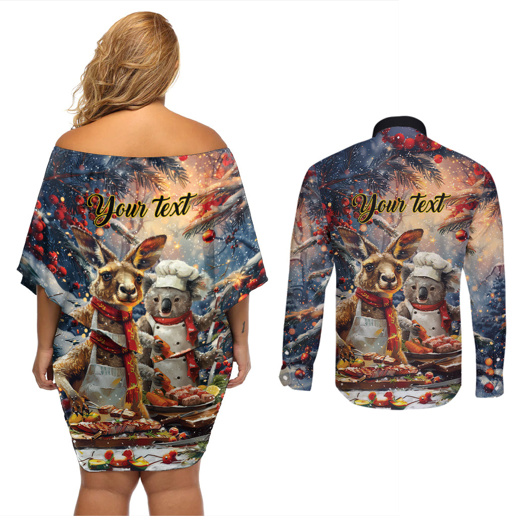 Personalised Aussie Christmas Kangaroo and Koala Couples Matching Off Shoulder Short Dress and Long Sleeve Button Shirt