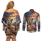 Personalised Aussie Christmas Kangaroo and Koala Couples Matching Off Shoulder Short Dress and Long Sleeve Button Shirt