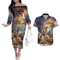 Personalised Aussie Christmas Kangaroo and Koala Couples Matching Off The Shoulder Long Sleeve Dress and Hawaiian Shirt