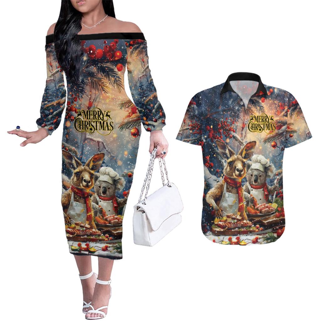 Personalised Aussie Christmas Kangaroo and Koala Couples Matching Off The Shoulder Long Sleeve Dress and Hawaiian Shirt