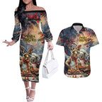 Personalised Aussie Christmas Kangaroo and Koala Couples Matching Off The Shoulder Long Sleeve Dress and Hawaiian Shirt