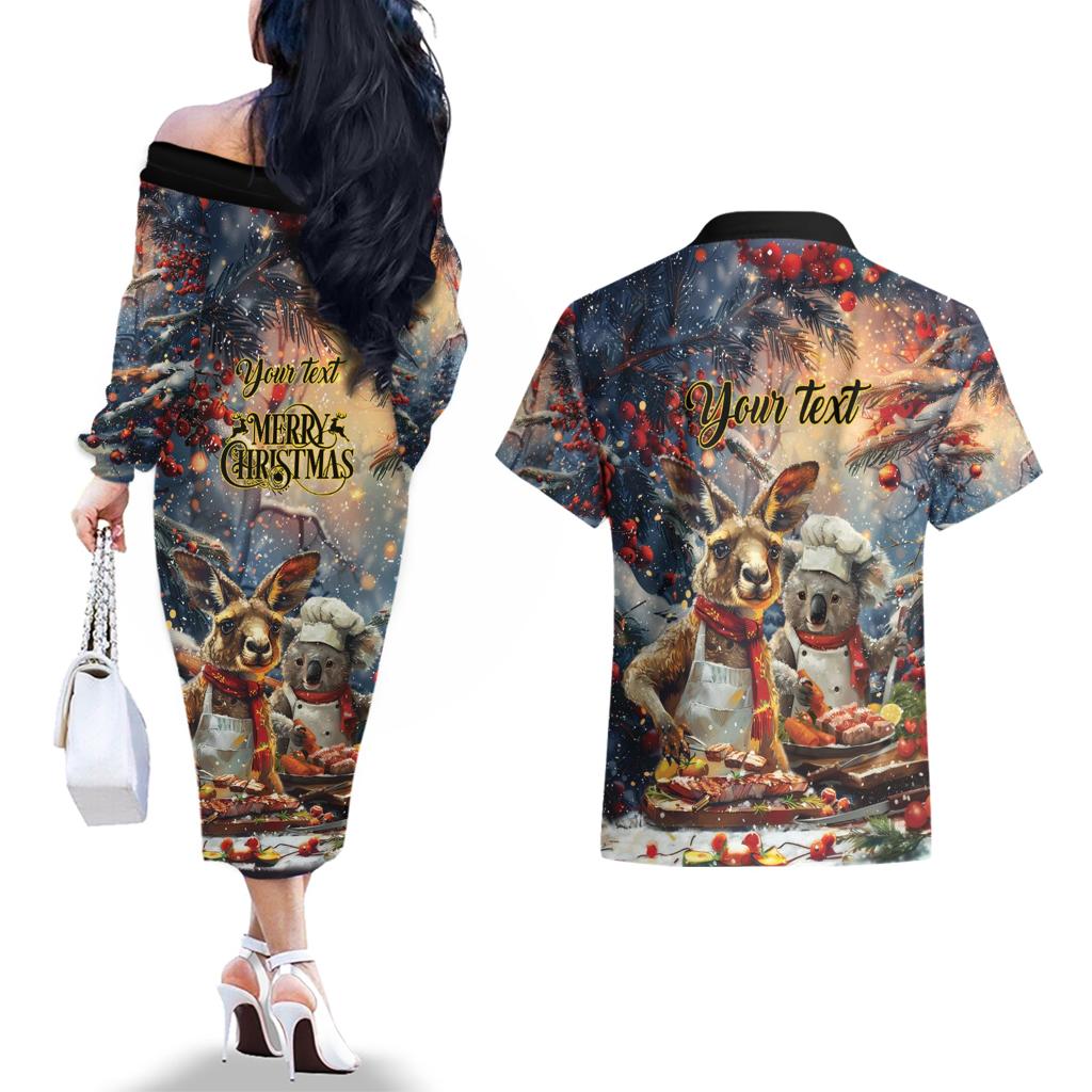 Personalised Aussie Christmas Kangaroo and Koala Couples Matching Off The Shoulder Long Sleeve Dress and Hawaiian Shirt