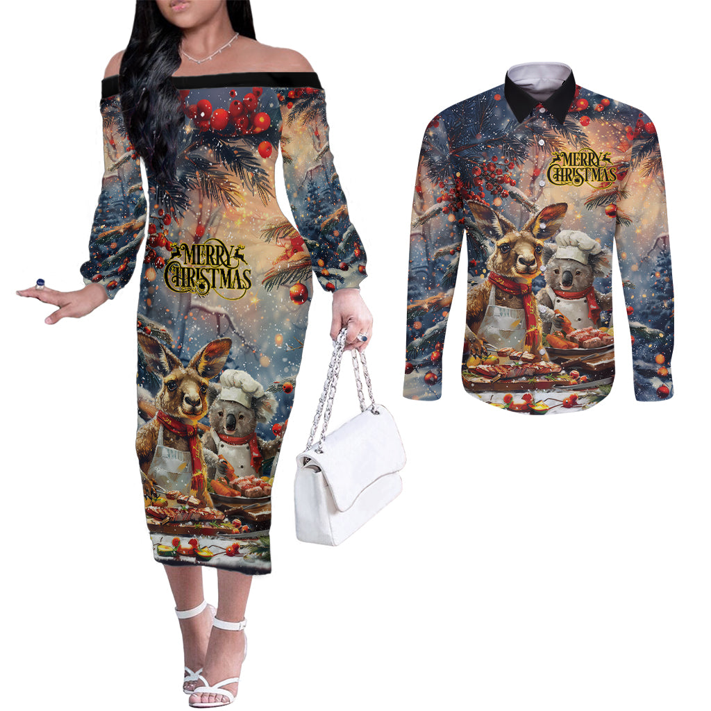 Personalised Aussie Christmas Kangaroo and Koala Couples Matching Off The Shoulder Long Sleeve Dress and Long Sleeve Button Shirt