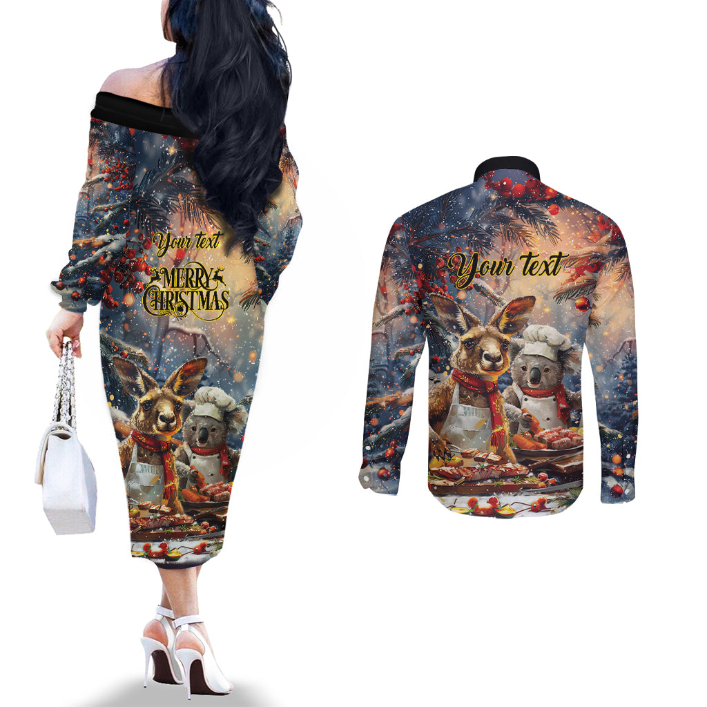 Personalised Aussie Christmas Kangaroo and Koala Couples Matching Off The Shoulder Long Sleeve Dress and Long Sleeve Button Shirt