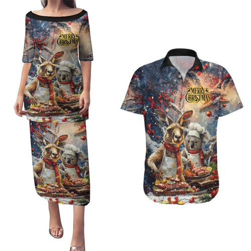 Personalised Aussie Christmas Kangaroo and Koala Couples Matching Puletasi and Hawaiian Shirt