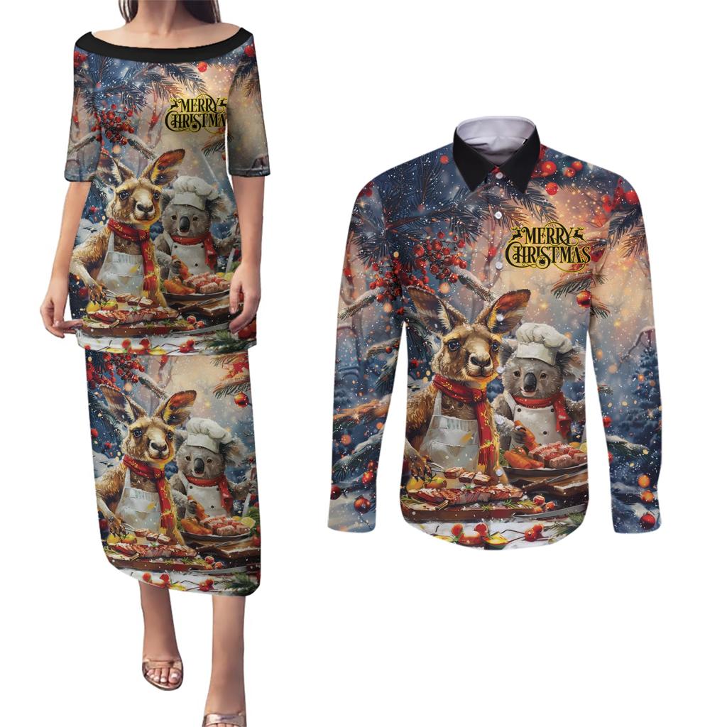 Personalised Aussie Christmas Kangaroo and Koala Couples Matching Puletasi and Long Sleeve Button Shirt
