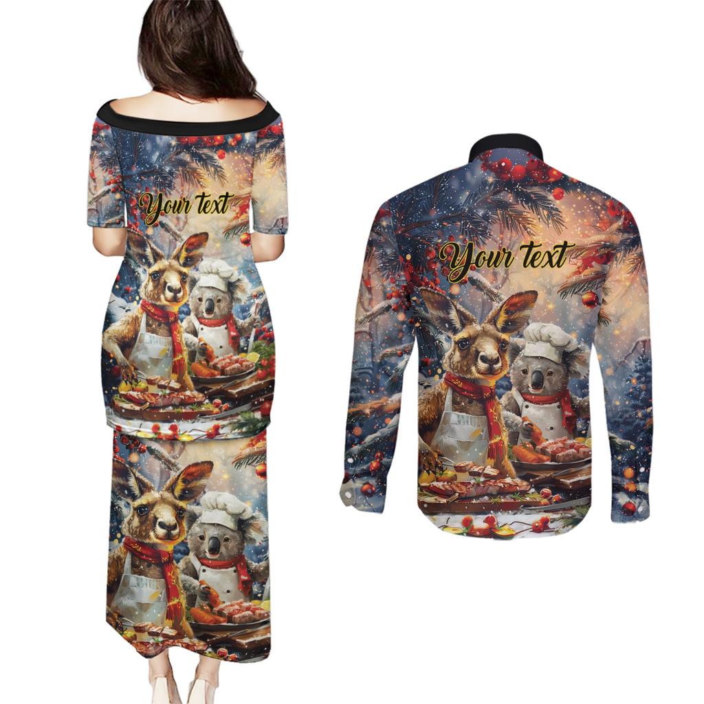 Personalised Aussie Christmas Kangaroo and Koala Couples Matching Puletasi and Long Sleeve Button Shirt