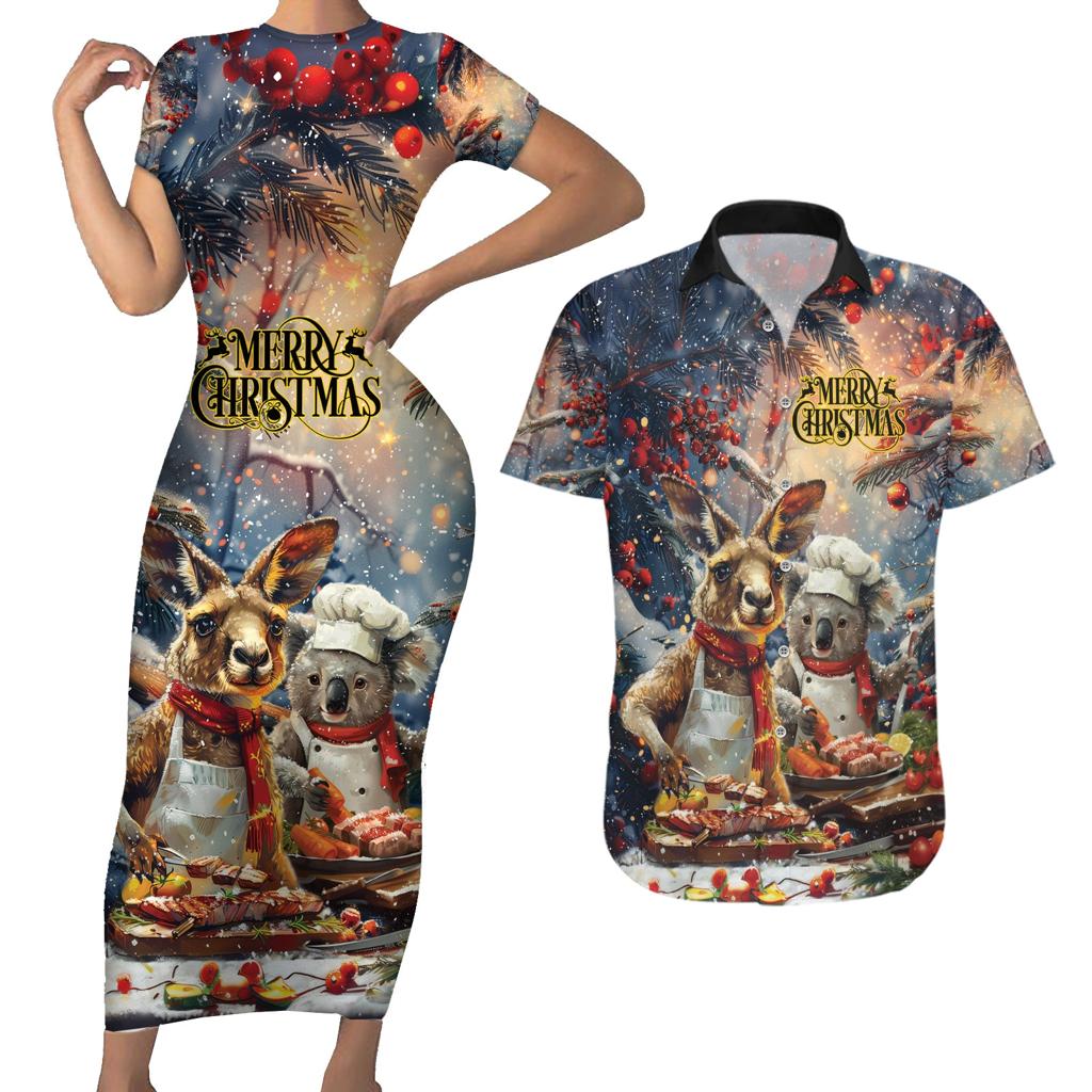 Personalised Aussie Christmas Kangaroo and Koala Couples Matching Short Sleeve Bodycon Dress and Hawaiian Shirt