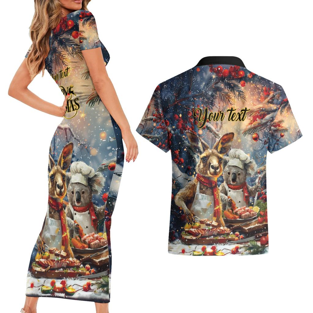 Personalised Aussie Christmas Kangaroo and Koala Couples Matching Short Sleeve Bodycon Dress and Hawaiian Shirt