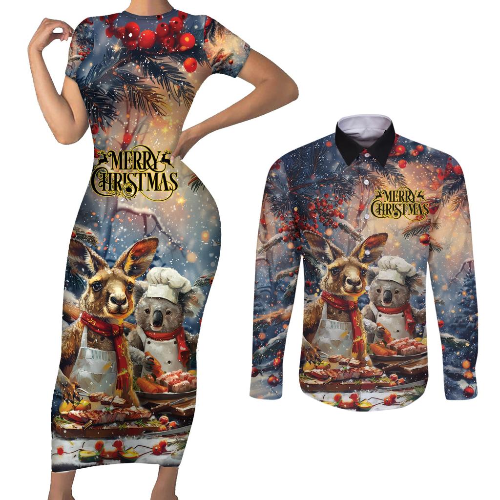 Personalised Aussie Christmas Kangaroo and Koala Couples Matching Short Sleeve Bodycon Dress and Long Sleeve Button Shirt