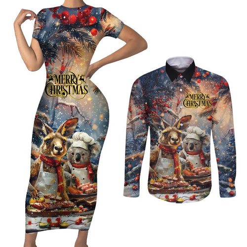 Personalised Aussie Christmas Kangaroo and Koala Couples Matching Short Sleeve Bodycon Dress and Long Sleeve Button Shirt