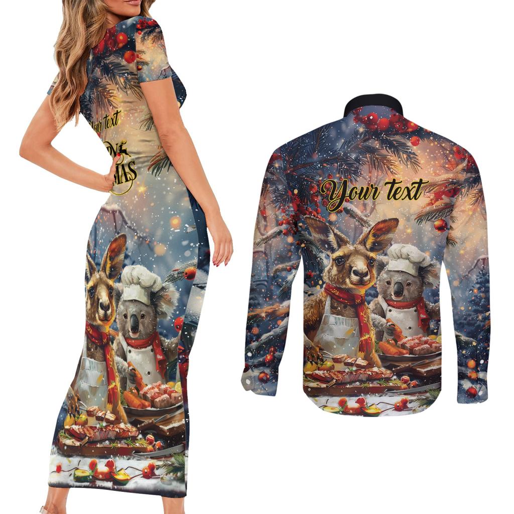 Personalised Aussie Christmas Kangaroo and Koala Couples Matching Short Sleeve Bodycon Dress and Long Sleeve Button Shirt