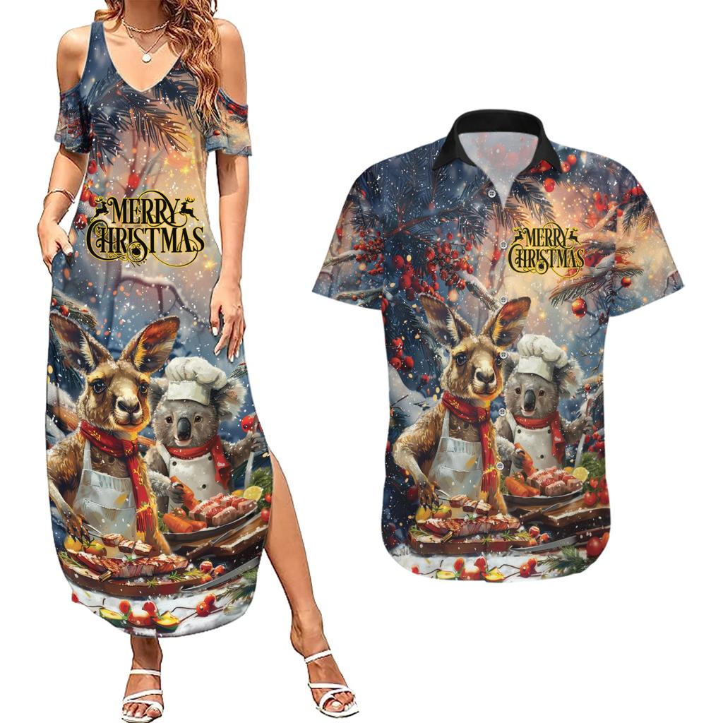 Personalised Aussie Christmas Kangaroo and Koala Couples Matching Summer Maxi Dress and Hawaiian Shirt