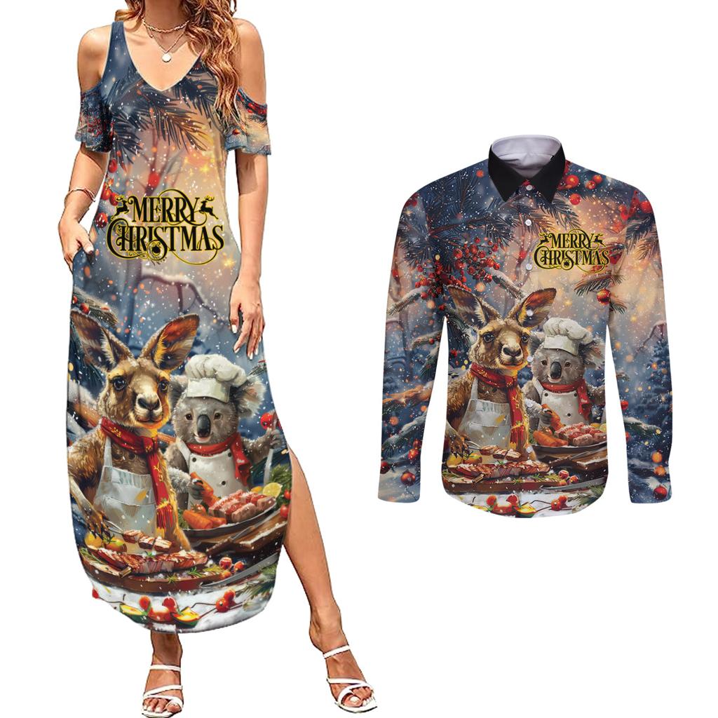 Personalised Aussie Christmas Kangaroo and Koala Couples Matching Summer Maxi Dress and Long Sleeve Button Shirt