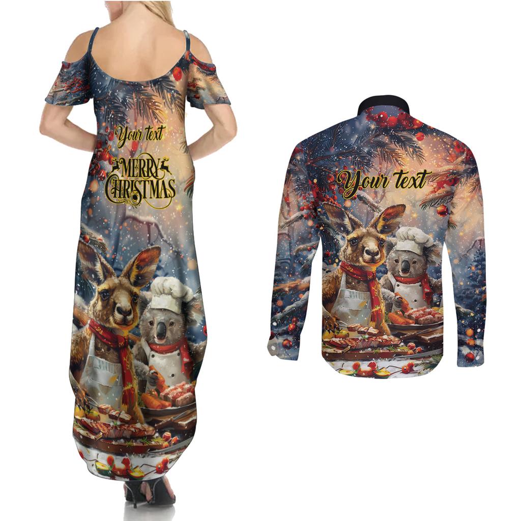 Personalised Aussie Christmas Kangaroo and Koala Couples Matching Summer Maxi Dress and Long Sleeve Button Shirt