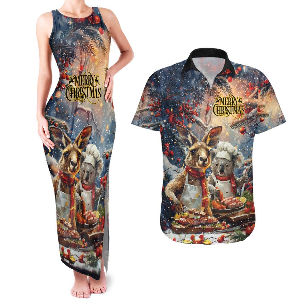 Personalised Aussie Christmas Kangaroo and Koala Couples Matching Tank Maxi Dress and Hawaiian Shirt