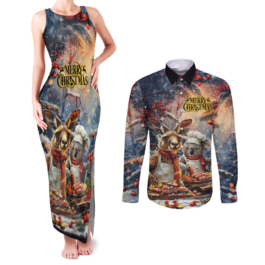 Personalised Aussie Christmas Kangaroo and Koala Couples Matching Tank Maxi Dress and Long Sleeve Button Shirt