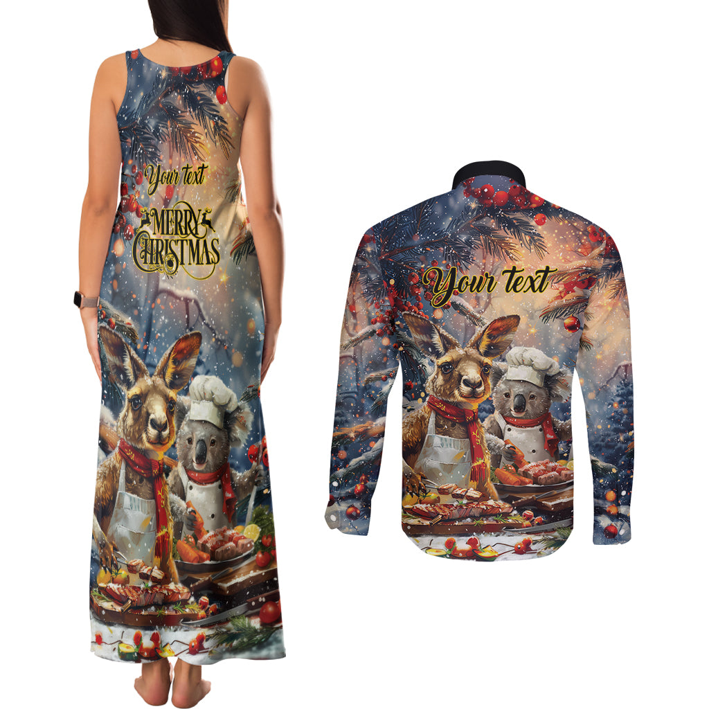 Personalised Aussie Christmas Kangaroo and Koala Couples Matching Tank Maxi Dress and Long Sleeve Button Shirt