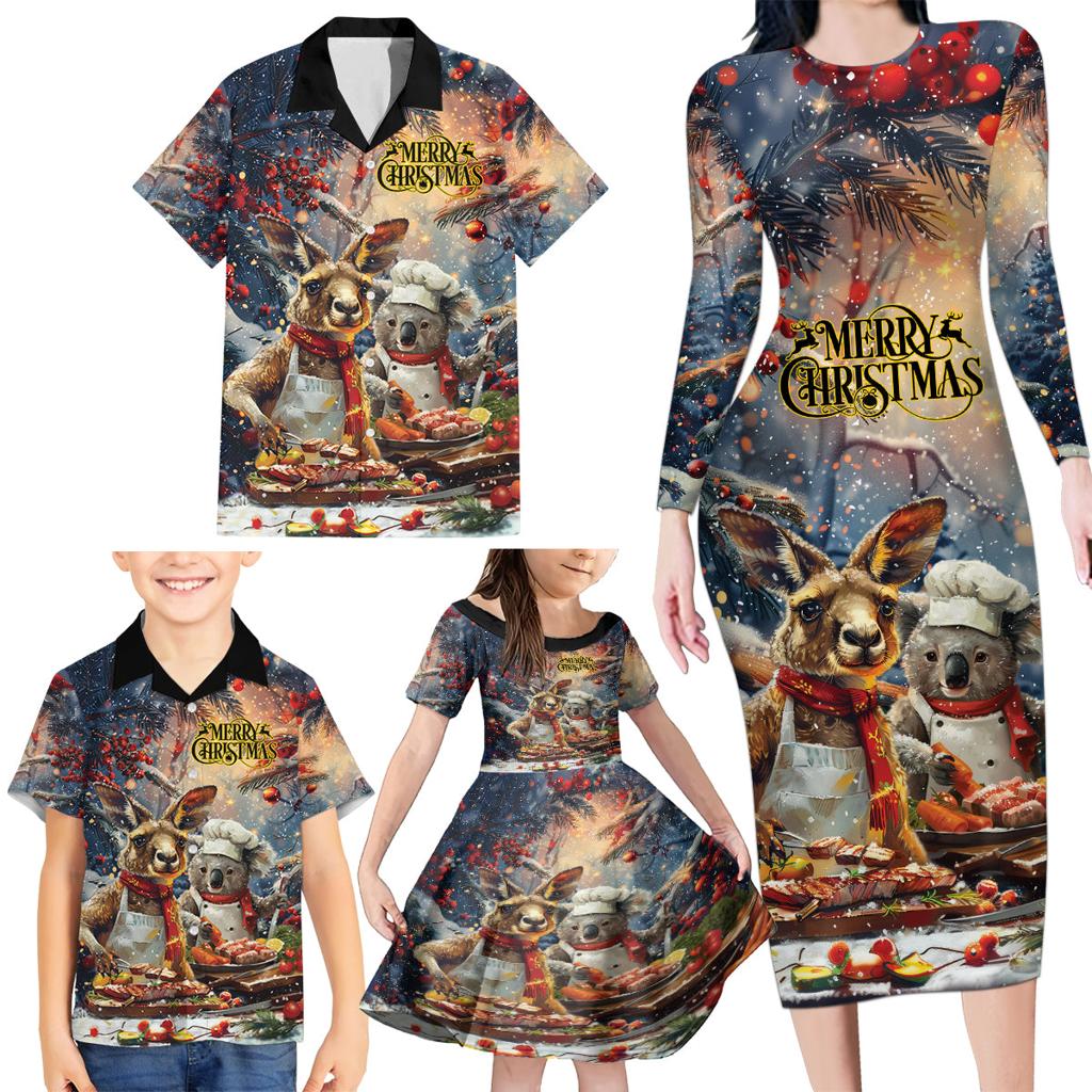 Personalised Aussie Christmas Kangaroo and Koala Family Matching Long Sleeve Bodycon Dress and Hawaiian Shirt