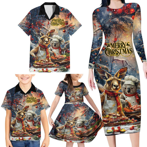 Personalised Aussie Christmas Kangaroo and Koala Family Matching Long Sleeve Bodycon Dress and Hawaiian Shirt