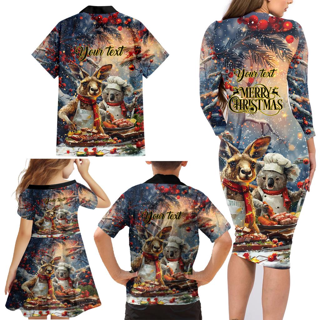 Personalised Aussie Christmas Kangaroo and Koala Family Matching Long Sleeve Bodycon Dress and Hawaiian Shirt