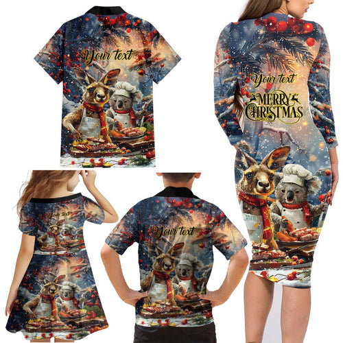 Personalised Aussie Christmas Kangaroo and Koala Family Matching Long Sleeve Bodycon Dress and Hawaiian Shirt