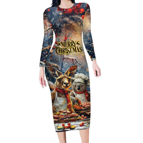 Personalised Aussie Christmas Kangaroo and Koala Family Matching Long Sleeve Bodycon Dress and Hawaiian Shirt