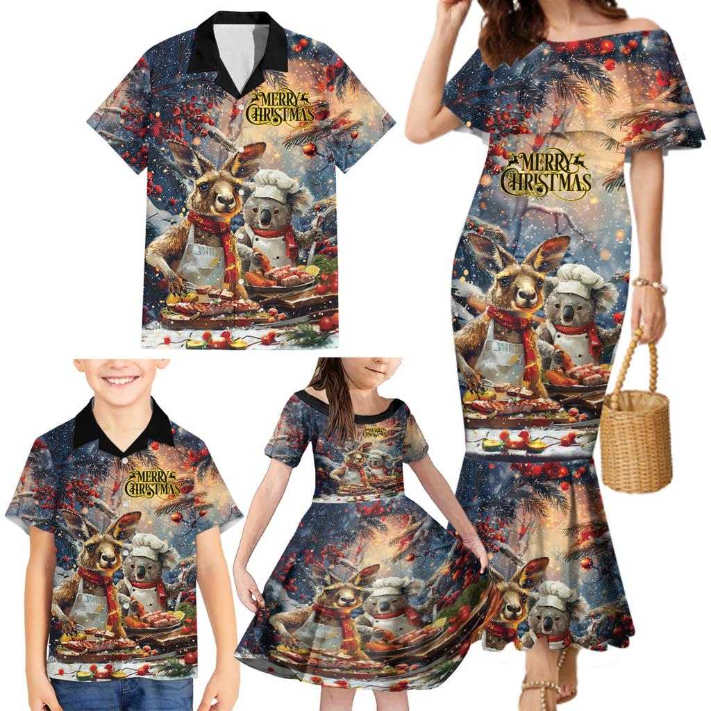 Personalised Aussie Christmas Kangaroo and Koala Family Matching Mermaid Dress and Hawaiian Shirt