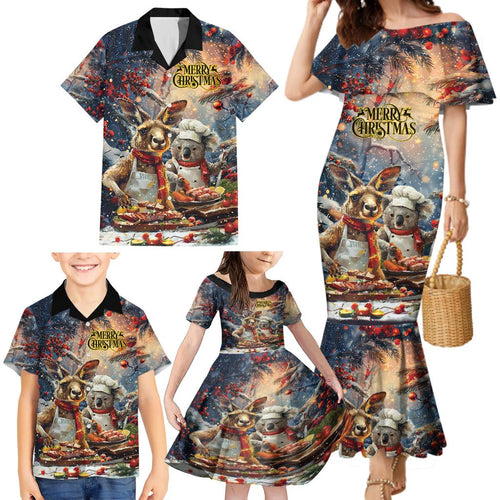 Personalised Aussie Christmas Kangaroo and Koala Family Matching Mermaid Dress and Hawaiian Shirt