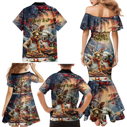 Personalised Aussie Christmas Kangaroo and Koala Family Matching Mermaid Dress and Hawaiian Shirt
