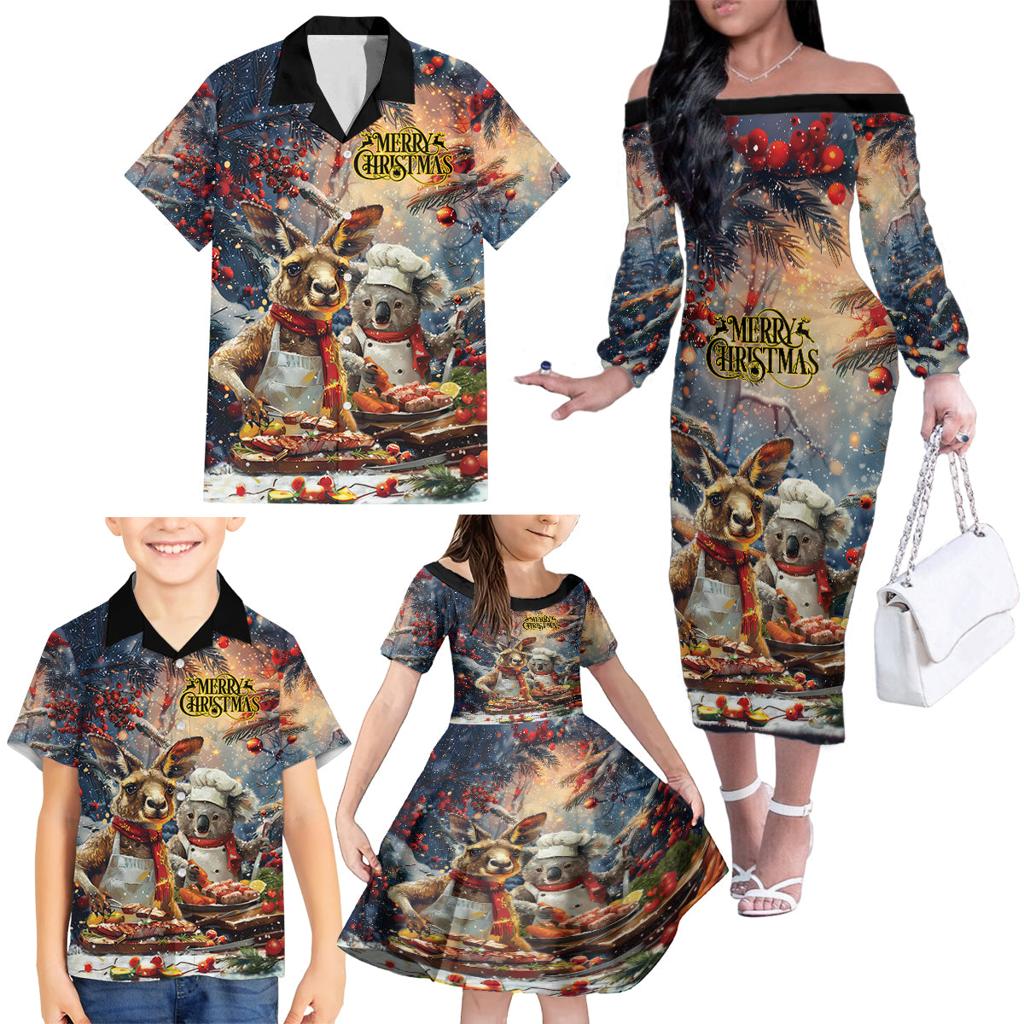 Personalised Aussie Christmas Kangaroo and Koala Family Matching Off The Shoulder Long Sleeve Dress and Hawaiian Shirt