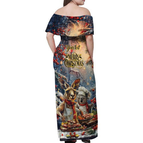 Personalised Aussie Christmas Kangaroo and Koala Family Matching Off Shoulder Maxi Dress and Hawaiian Shirt