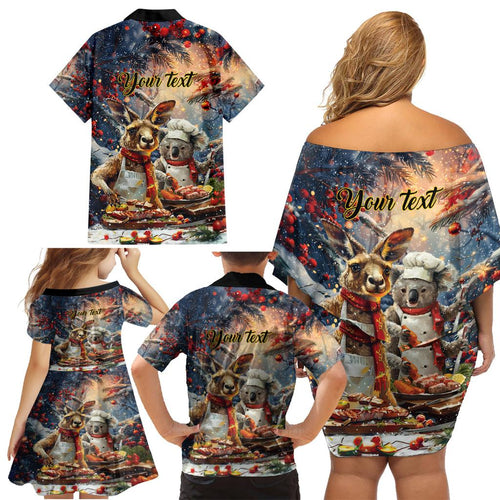 Personalised Aussie Christmas Kangaroo and Koala Family Matching Off Shoulder Short Dress and Hawaiian Shirt
