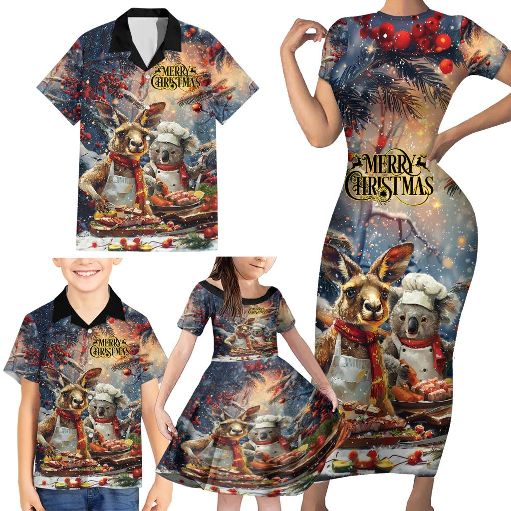 Personalised Aussie Christmas Kangaroo and Koala Family Matching Short Sleeve Bodycon Dress and Hawaiian Shirt