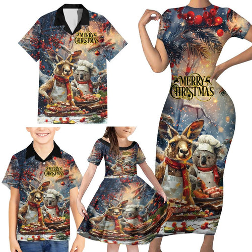 Personalised Aussie Christmas Kangaroo and Koala Family Matching Short Sleeve Bodycon Dress and Hawaiian Shirt