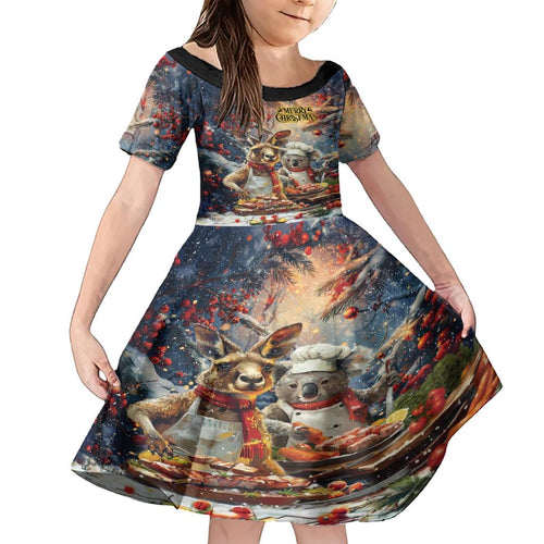 Personalised Aussie Christmas Kangaroo and Koala Family Matching Short Sleeve Bodycon Dress and Hawaiian Shirt