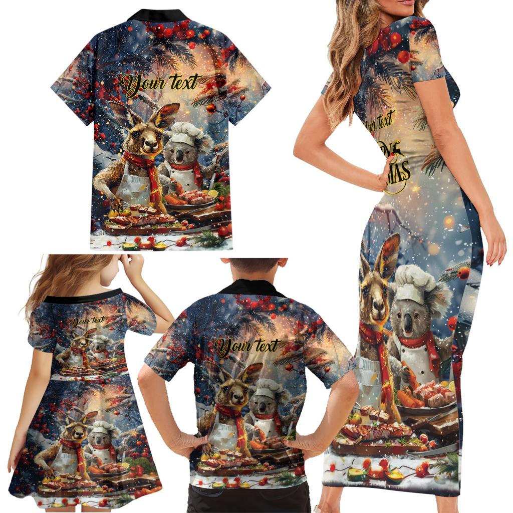 Personalised Aussie Christmas Kangaroo and Koala Family Matching Short Sleeve Bodycon Dress and Hawaiian Shirt