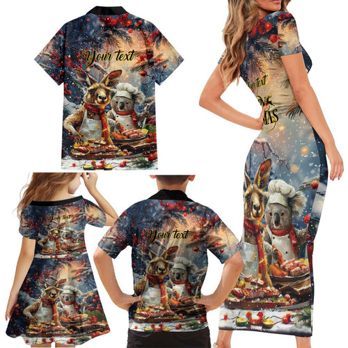 Personalised Aussie Christmas Kangaroo and Koala Family Matching Short Sleeve Bodycon Dress and Hawaiian Shirt