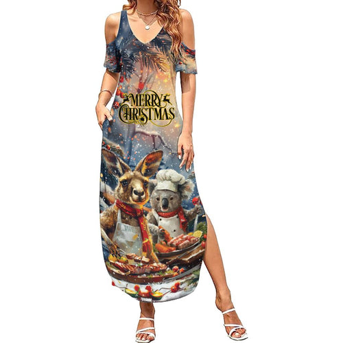 Personalised Aussie Christmas Kangaroo and Koala Family Matching Summer Maxi Dress and Hawaiian Shirt
