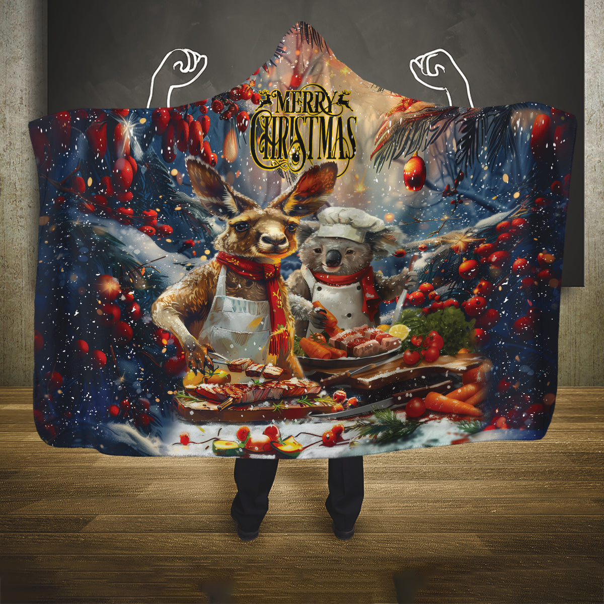 Aussie Christmas Kangaroo and Koala Hooded Blanket