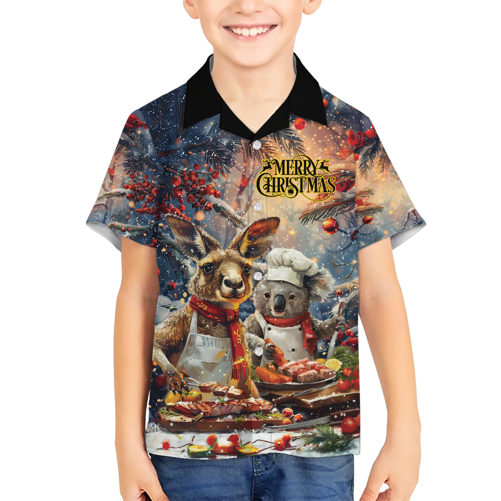 Personalised Aussie Christmas Kangaroo and Koala Kid Hawaiian Shirt