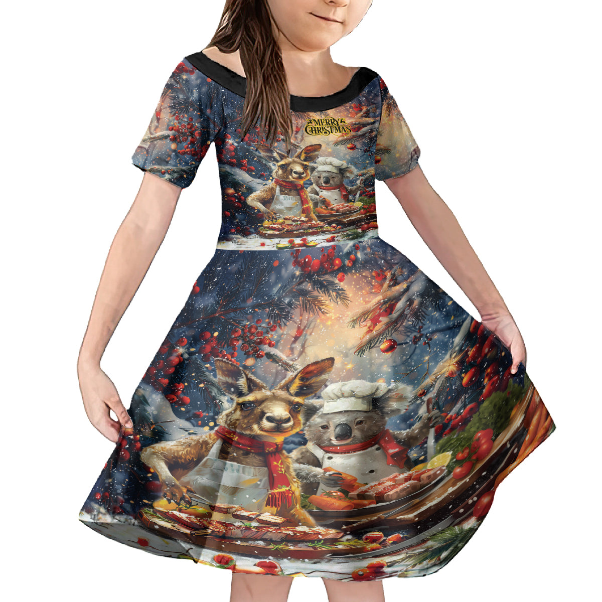 Personalised Aussie Christmas Kangaroo and Koala Kid Short Sleeve Dress