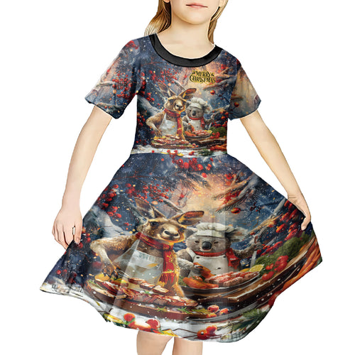 Personalised Aussie Christmas Kangaroo and Koala Kid Short Sleeve Dress