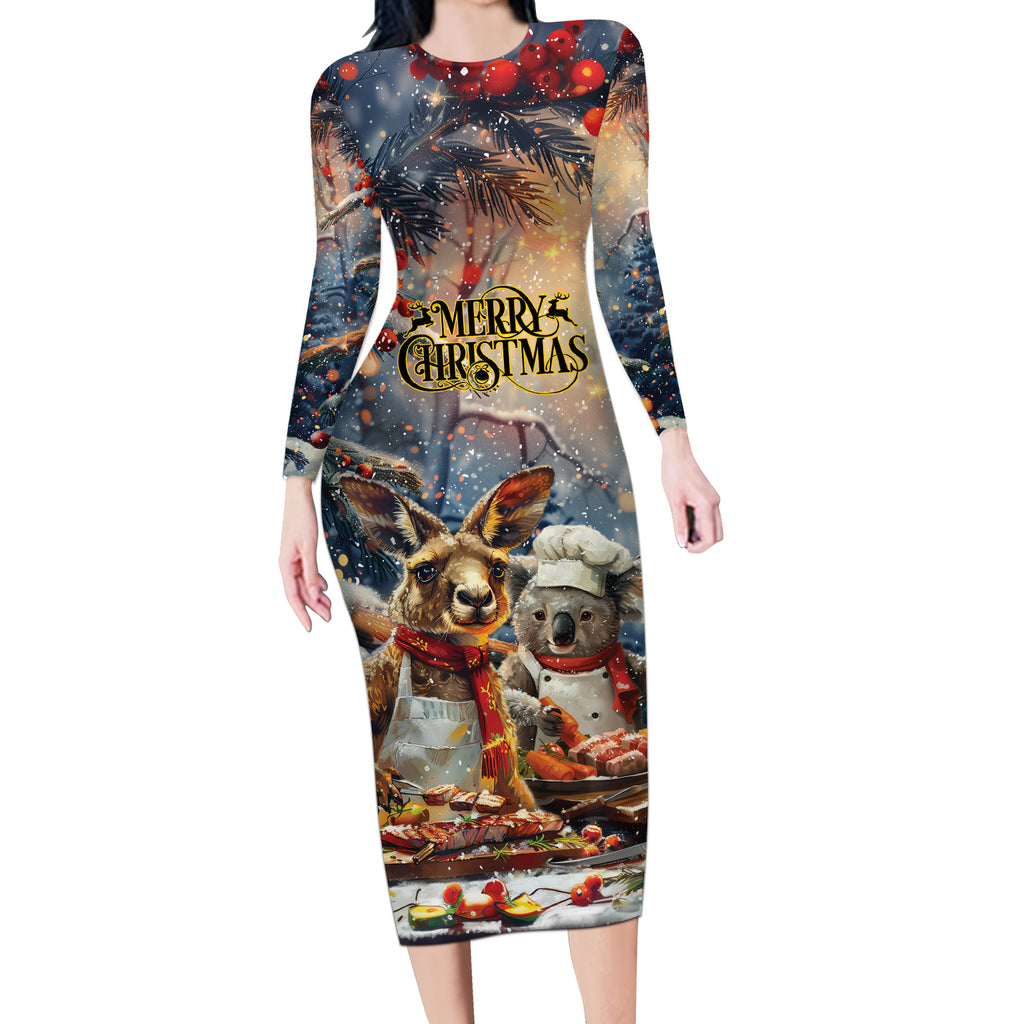 Personalised Aussie Christmas Kangaroo and Koala Long Sleeve Bodycon Dress