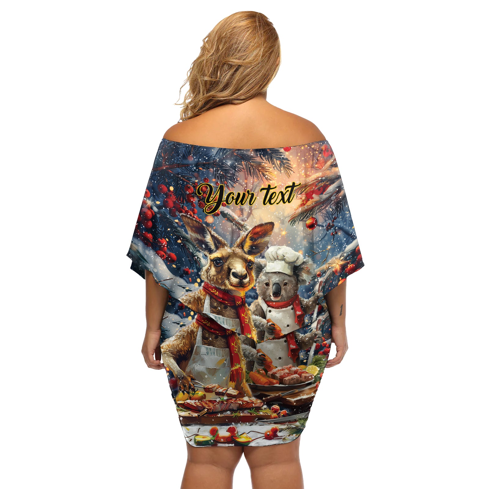 Personalised Aussie Christmas Kangaroo and Koala Off Shoulder Short Dress