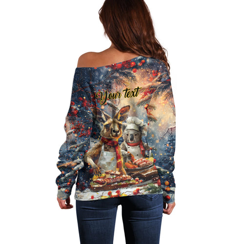 Personalised Aussie Christmas Kangaroo and Koala Off Shoulder Sweater