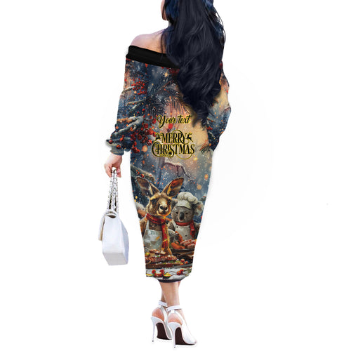Personalised Aussie Christmas Kangaroo and Koala Off The Shoulder Long Sleeve Dress